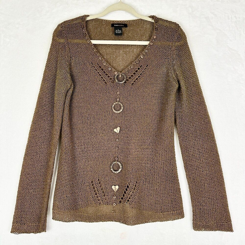 Vintage Y2K BCBGMaxAzria Crochet Knit Sweater Size Large Brown Wood Embellished